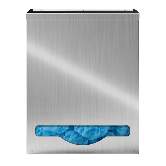 Bulk Dispenser, Tall Single, Stainless Steel, wall mount. top loading, top or bottom front dispensing. Filled with bouffant surgical caps and front facing