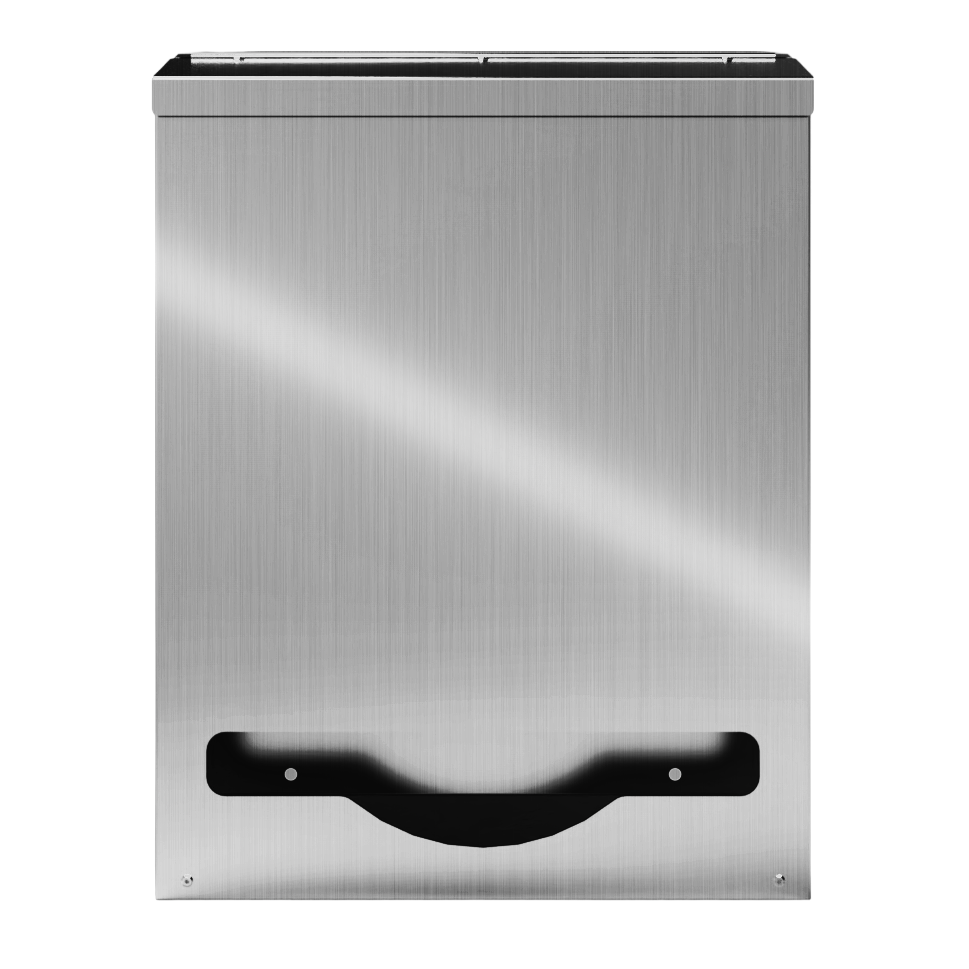 Bulk Dispenser, Tall Single, Stainless Steel, wall mount. top loading, top or bottom front dispensing. Empty and front facing