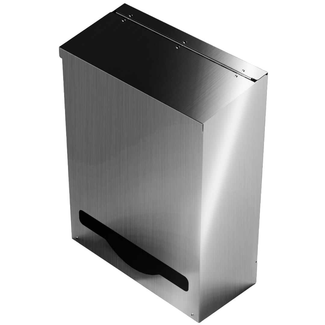 Bulk Dispenser, Tall Single, Stainless Steel, wall mount. top loading, top or bottom front dispensing. Empty and front facing angled slightly left