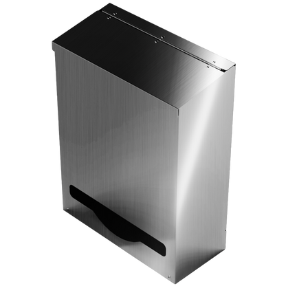 Bulk Dispenser, Tall Single, Stainless Steel, wall mount. top loading, top or bottom front dispensing. Empty and front facing angled slightly left