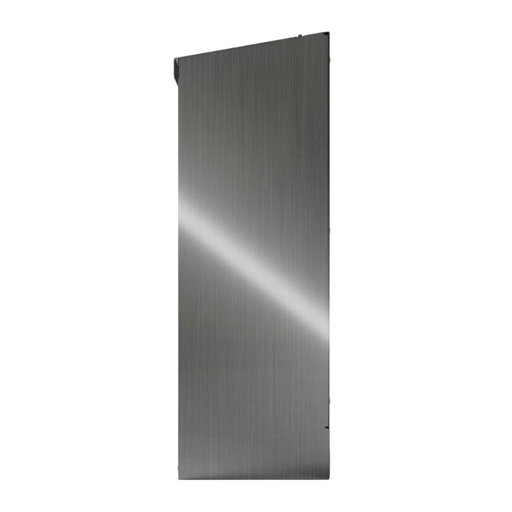 Bulk Dispenser, Tall Single, Stainless Steel, wall mount. top loading, top or bottom front dispensing. Empty, right side view