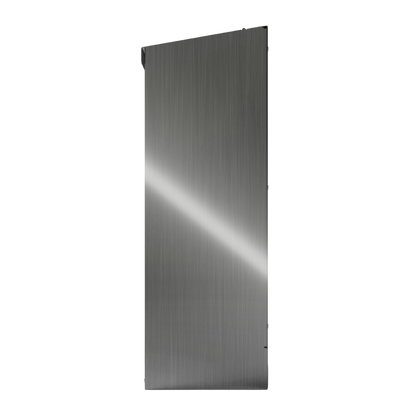 Bulk Dispenser, Tall Single, Stainless Steel, wall mount. top loading, top or bottom front dispensing. Empty, right side view