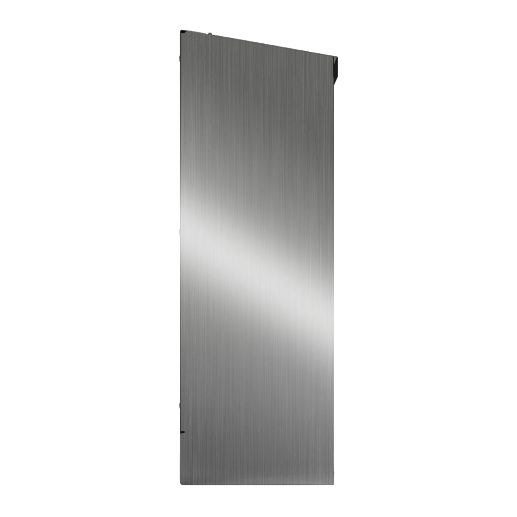 Bulk Dispenser, Tall Single, Stainless Steel, wall mount. top loading, top or bottom front dispensing. Empty, left side view