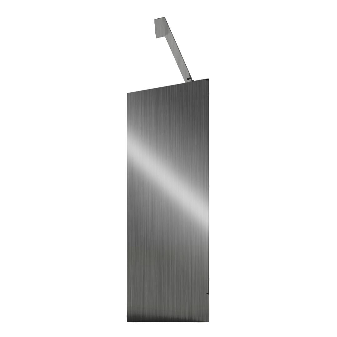 Bulk Dispenser, Tall Single, Stainless Steel, wall mount. top loading, top or bottom front dispensing. Empty, right side with the lid open