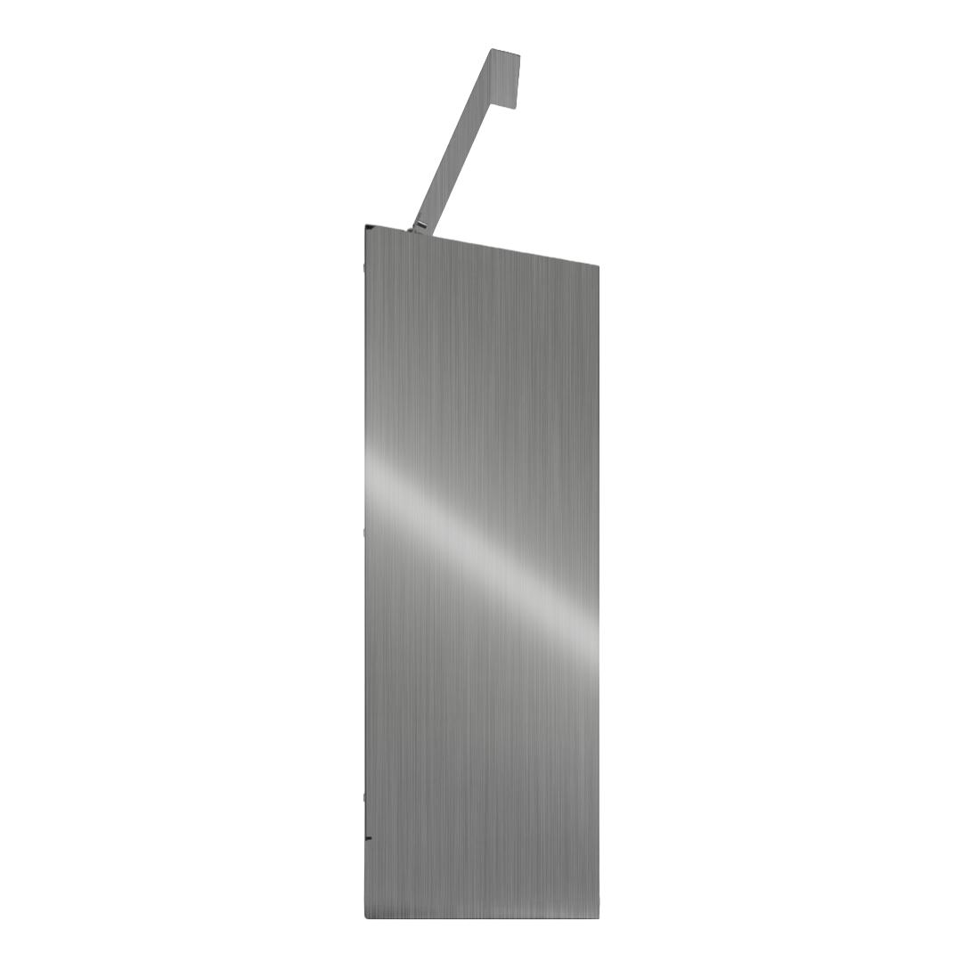 Bulk Dispenser, Tall Single, Stainless Steel, wall mount. top loading, top or bottom front dispensing. Empty, left side with lid open