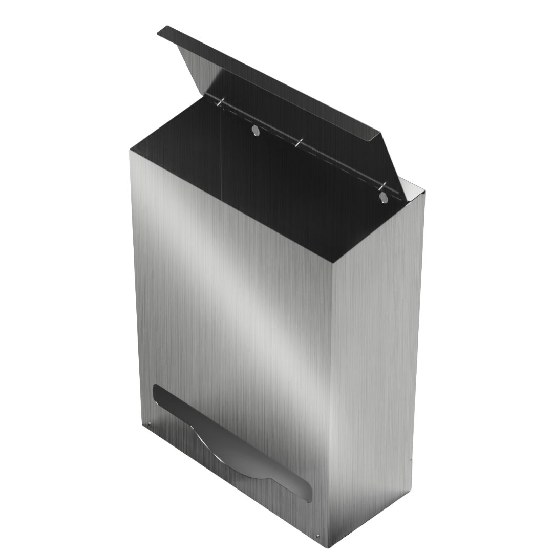 Bulk Dispenser, Tall Single, Stainless Steel, wall mount. top loading, top or bottom front dispensing. Empty and front facing angled slightly left, with lid open to view inside