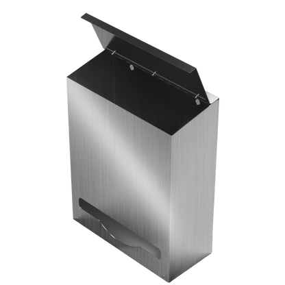 Bulk Dispenser, Tall Single, Stainless Steel, wall mount. top loading, top or bottom front dispensing. Empty and front facing angled slightly left, with lid open to view inside