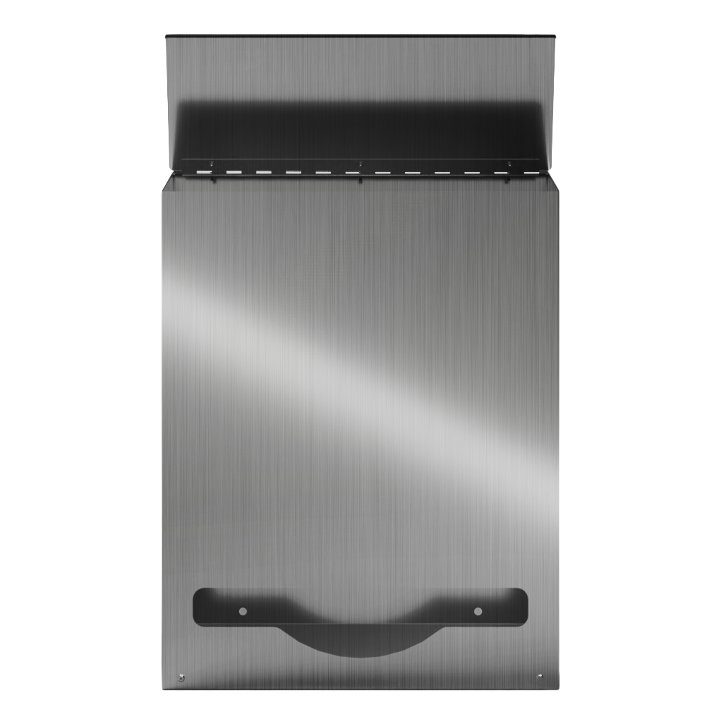 Bulk Dispenser, Tall Single, Stainless Steel, wall mount. top loading, top or bottom front dispensing. Empty and front facing with lid open