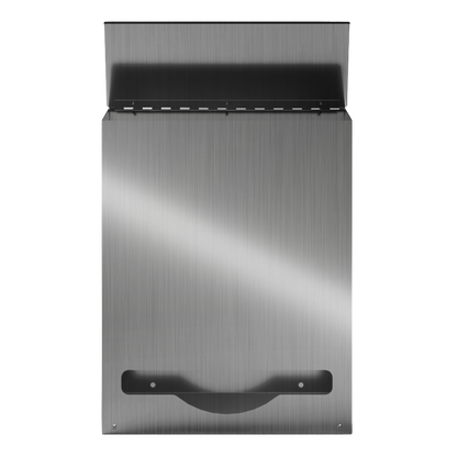 Bulk Dispenser, Tall Single, Stainless Steel, wall mount. top loading, top or bottom front dispensing. Empty and front facing with lid open