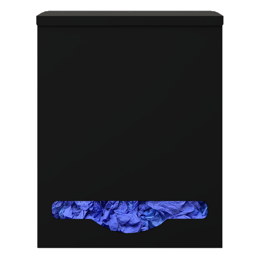 Single, Lidded, Bulk PPE dispenser-Black, filled with various consumable products inside 