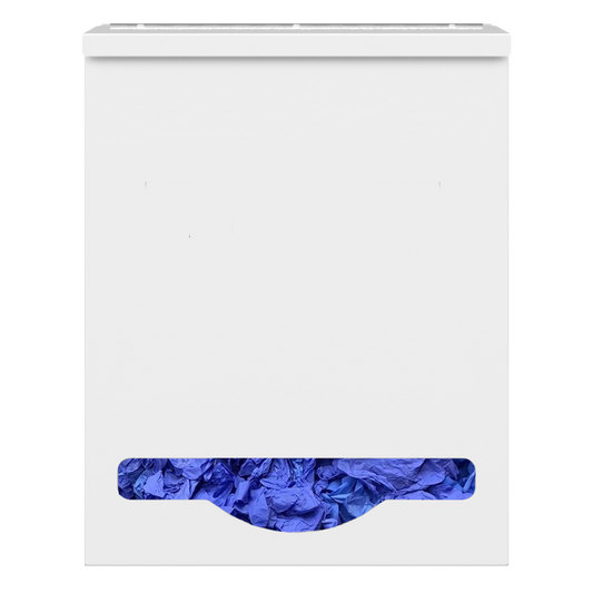 Single Lidded, Bulk PPE dispenser-White filled with various consumable products inside 