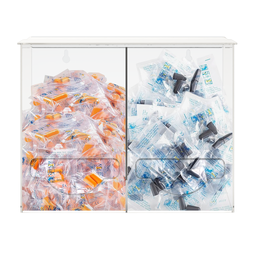 Clear PETG plastic bulk dispensers. Two compartments. Lidded top for loading and front bottom hole for dispensing. The 2 compartments are filled with 2 different styles of ear plugs