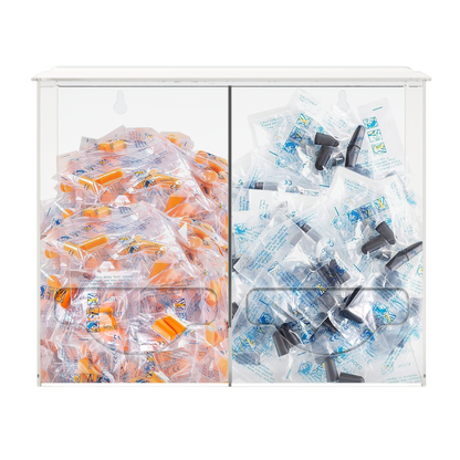 Clear PETG plastic bulk dispensers. Two compartments. Lidded top for loading and front bottom hole for dispensing. The 2 compartments are filled with 2 different styles of ear plugs