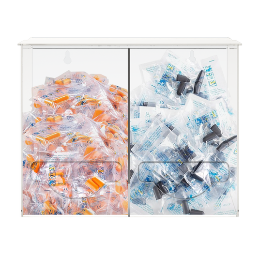 Clear PETG plastic bulk dispensers. Two compartments. Lidded top for loading and front bottom hole for dispensing. The 2 compartments are filled with 2 different styles of ear plugs