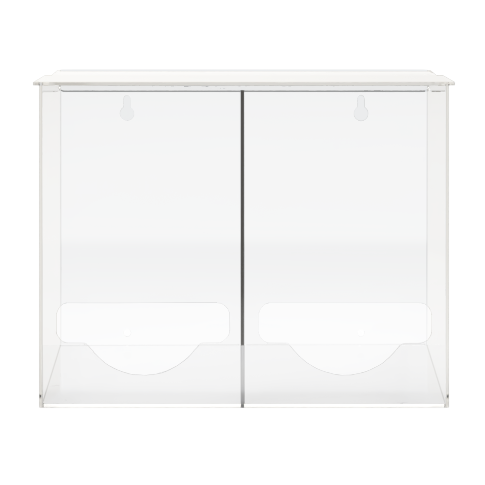 Clear PETG plastic bulk dispensers. Two compartments. Lidded top for loading and front bottom hole for dispensing. The 2 compartments are empty.