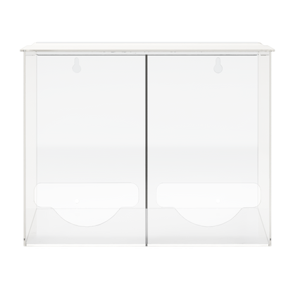 Clear PETG plastic bulk dispensers. Two compartments. Lidded top for loading and front bottom hole for dispensing. The 2 compartments are empty.