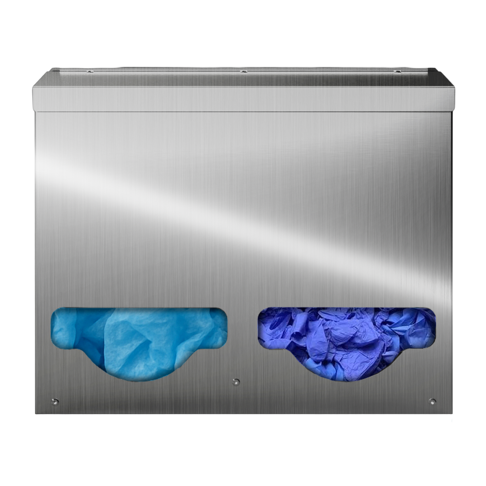 Bulk Dispenser, Double, Stainless Steel, wall mount. Divided with lid. Front facing with bouffants and gloves in bulk