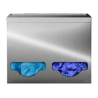 Bulk Dispenser, Double, Stainless Steel, wall mount. Divided with lid. Front facing with bouffants and gloves in bulk