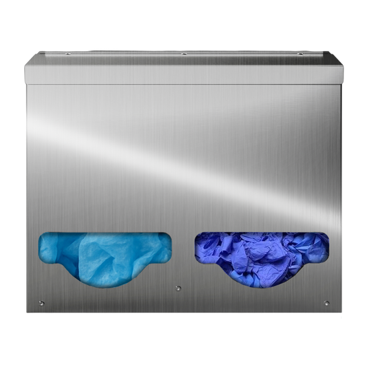 Bulk Dispenser, Double, Stainless Steel, wall mount. Divided with lid. Front facing with bouffants and gloves in bulk