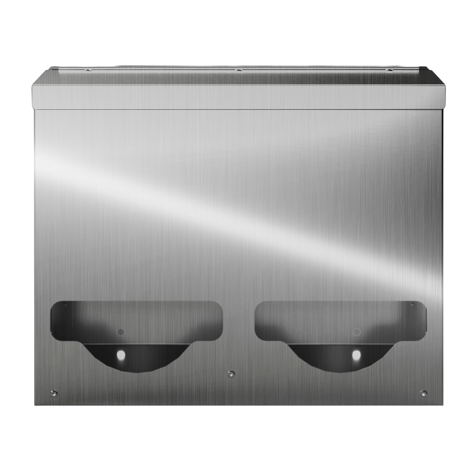 Bulk Dispenser, Double, Stainless Steel, wall mount. Divided with lid. Front facing, empty