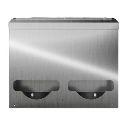 Bulk Dispenser, Double, Stainless Steel, wall mount. Divided with lid. Front facing, empty