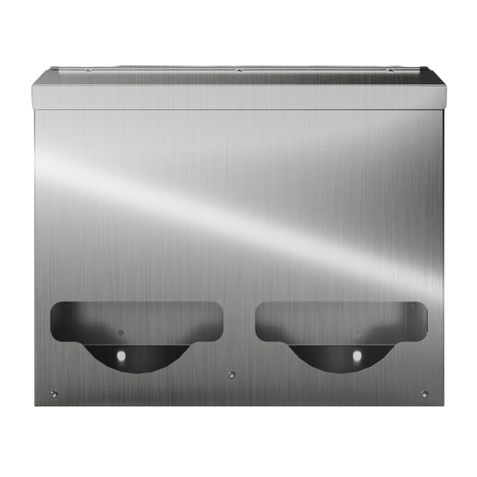 Bulk Dispenser, Double, Stainless Steel, wall mount. Divided with lid. Front facing, empty