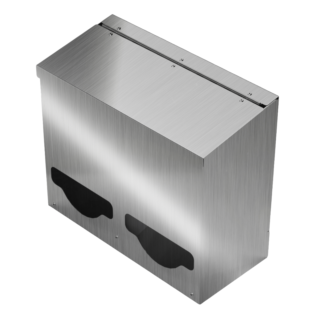 Bulk Dispenser, Double, Stainless Steel, wall mount. Divided with lid. Front facing slightly angled left, empty