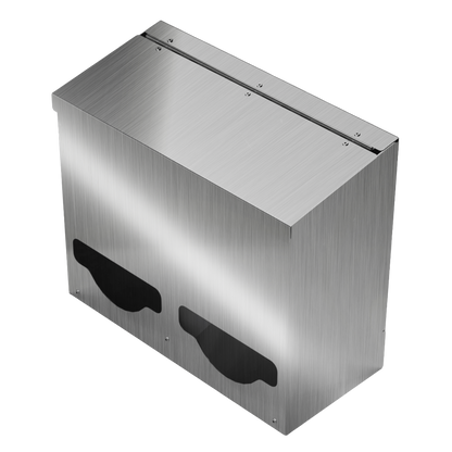 Bulk Dispenser, Double, Stainless Steel, wall mount. Divided with lid. Front facing slightly angled left, empty