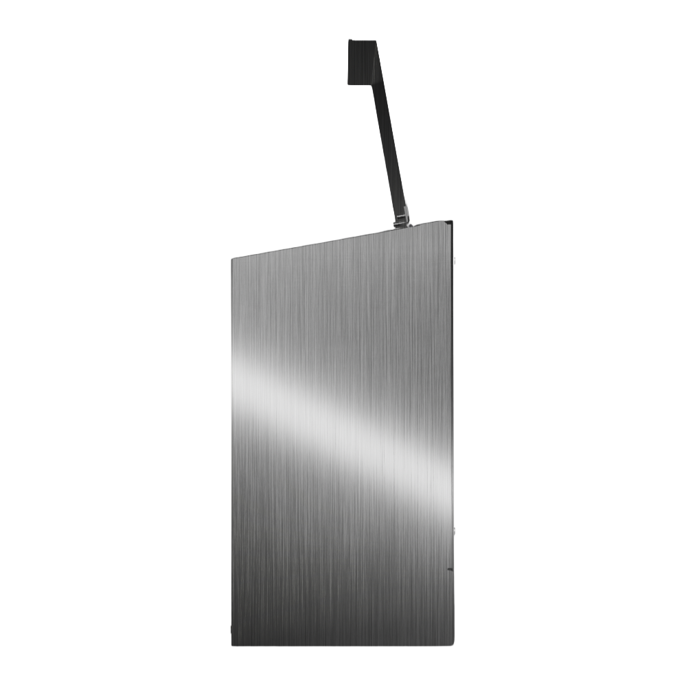 Bulk Dispenser, Double, Stainless Steel, wall mount. Divided with lid. Empty, right side with lid open