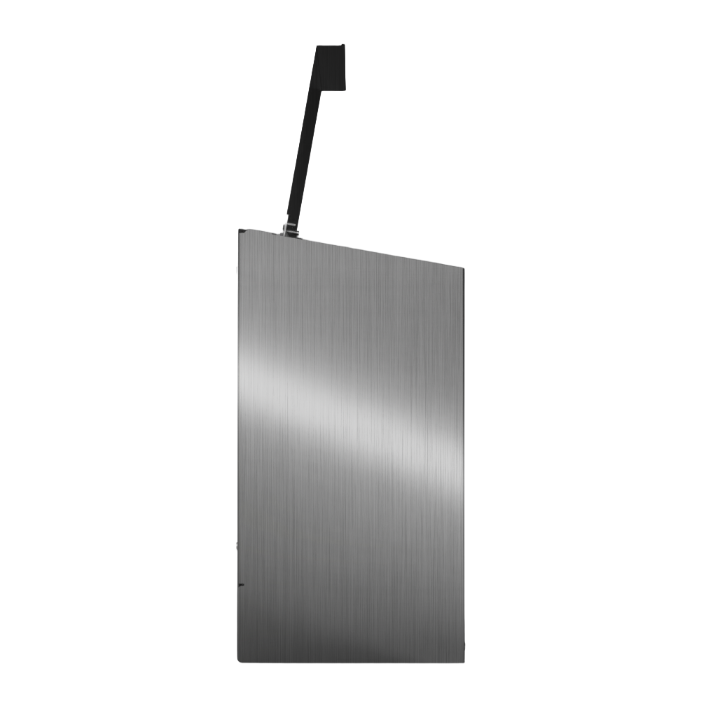 Bulk Dispenser, Double, Stainless Steel, wall mount. Divided with lid. Empty, left side with lid open