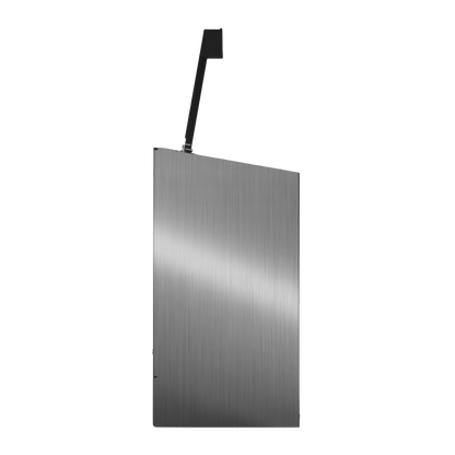 Bulk Dispenser, Double, Stainless Steel, wall mount. Divided with lid. Empty, left side with lid open