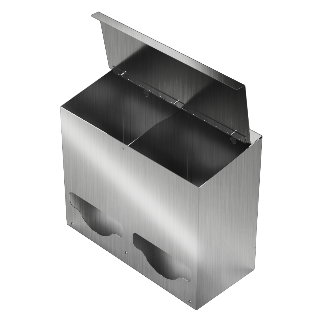 Bulk Dispenser, Double, Stainless Steel, wall mount. Divided with lid. Empty, facing front slightly angled left with lid open to view divider