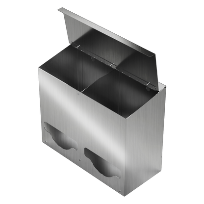 Bulk Dispenser, Double, Stainless Steel, wall mount. Divided with lid. Empty, facing front slightly angled left with lid open to view divider