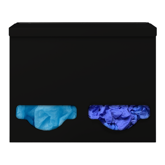 Double, Lidded, Bulk PPE dispenser-Black- filled with various consumable products inside 