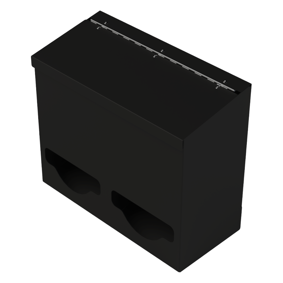 Double, Lidded, Bulk PPE dispenser-Black- Empty. angled slightly left.