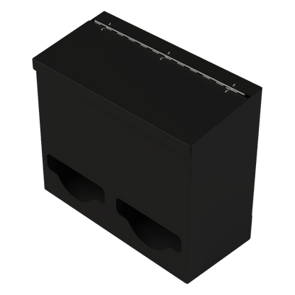 Double, Lidded, Bulk PPE dispenser-Black- Empty. angled slightly left.