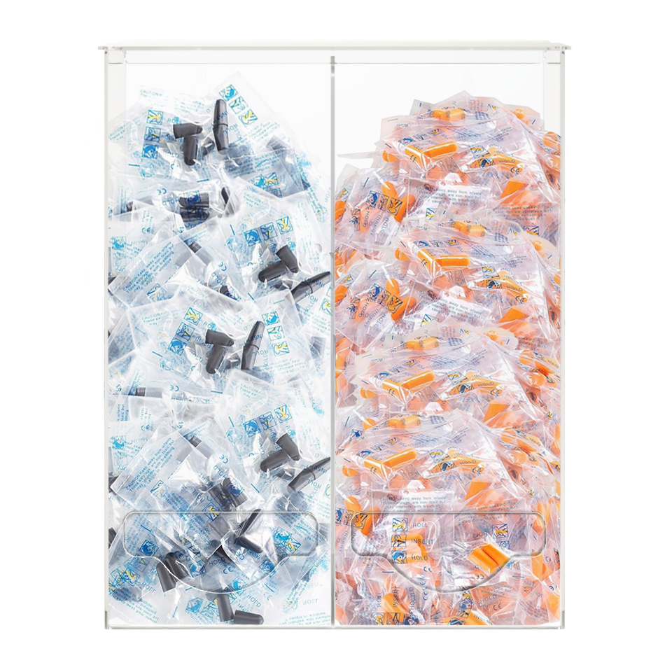 clear, PETG, double bulk dispenser. Lidded top for loading, Open bottom front hole for dispensing. Each compartment filled with a different bulk stock of earplugs.
