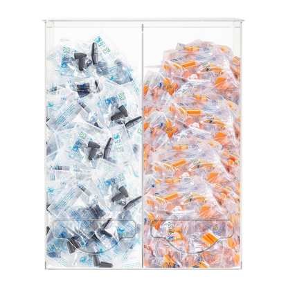 clear, PETG, double bulk dispenser. Lidded top for loading, Open bottom front hole for dispensing. Each compartment filled with a different bulk stock of earplugs.
