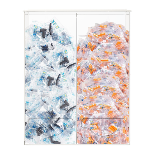 clear, PETG, double bulk dispenser. Lidded top for loading, Open bottom front hole for dispensing. Each compartment filled with a different bulk stock of earplugs.
