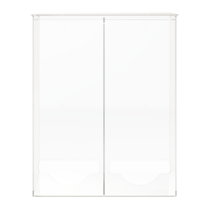 clear, PETG, double bulk dispenser. Lidded top for loading, Open bottom front hole for dispensing. Empty unit.