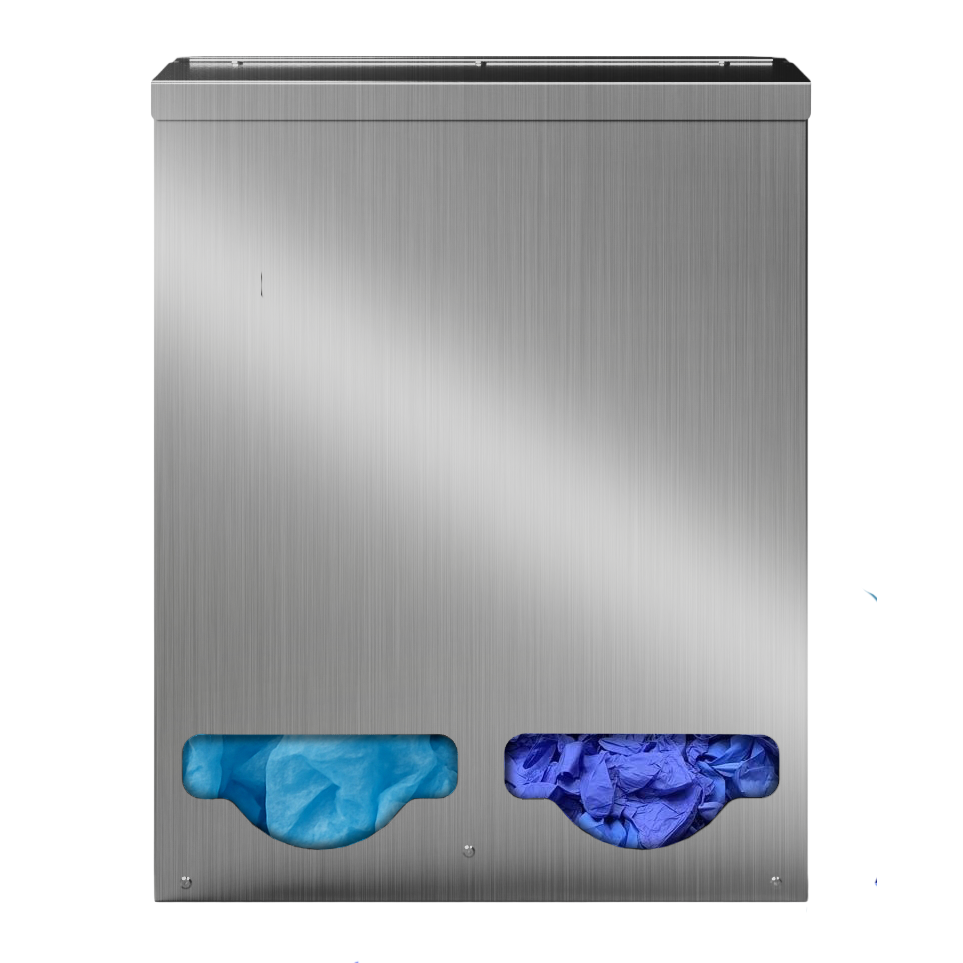 Bulk Dispenser, Tall Double, Stainless Steel, wall mount. 2 compartments, top loading, top or bottom front dispensing. Filled with bouffant surgical caps and booties, front facing