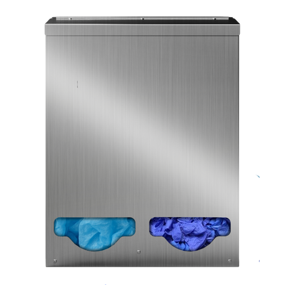 Bulk Dispenser, Tall Double, Stainless Steel, wall mount. 2 compartments, top loading, top or bottom front dispensing. Filled with bouffant surgical caps and booties, front facing