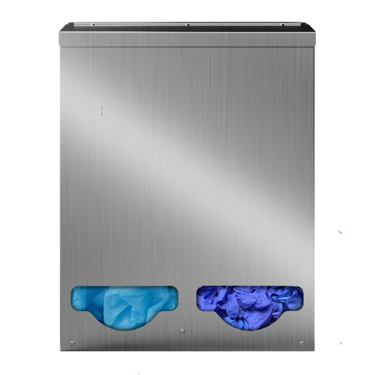 Bulk Dispenser, Tall Double, Stainless Steel, wall mount. 2 compartments, top loading, top or bottom front dispensing. Filled with bouffant surgical caps and booties, front facing