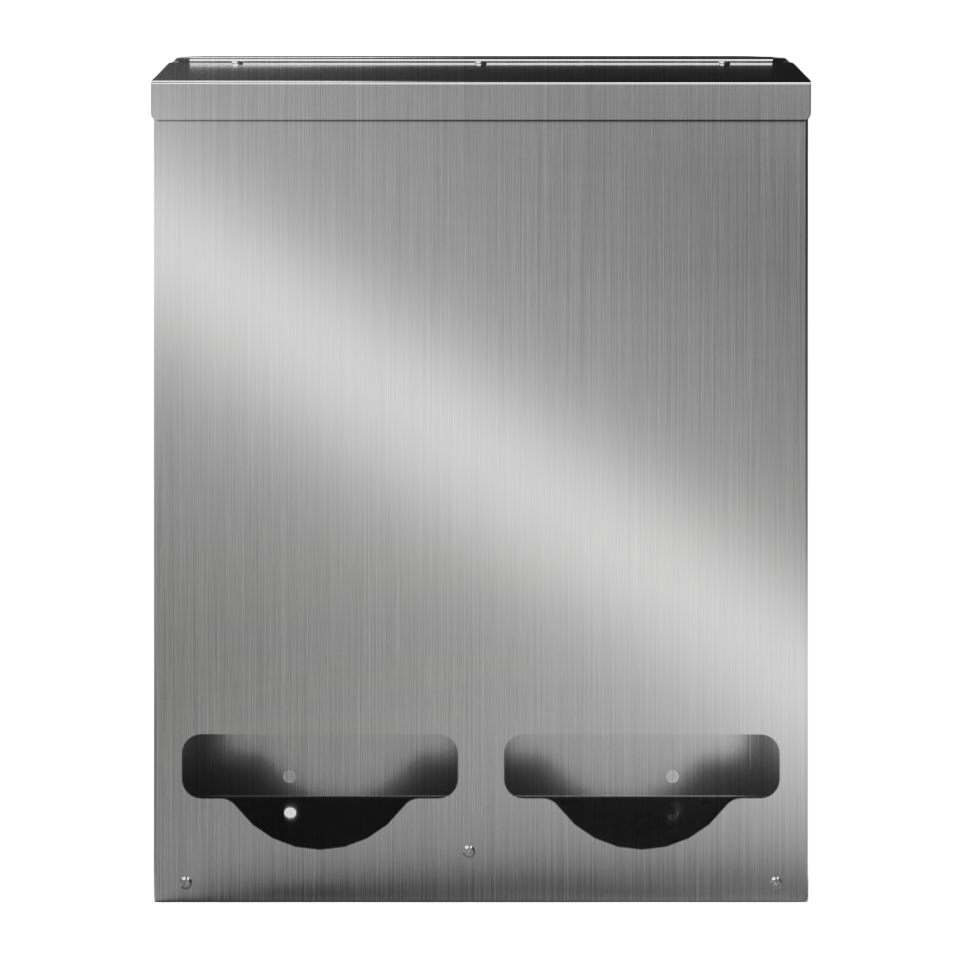 Bulk Dispenser, Tall Double, Stainless Steel, wall mount. 2 compartments, top loading, top or bottom front dispensing. Empty and front facing