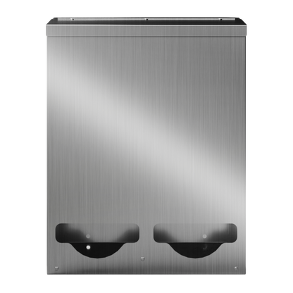 Bulk Dispenser, Tall Double, Stainless Steel, wall mount. 2 compartments, top loading, top or bottom front dispensing. Empty and front facing