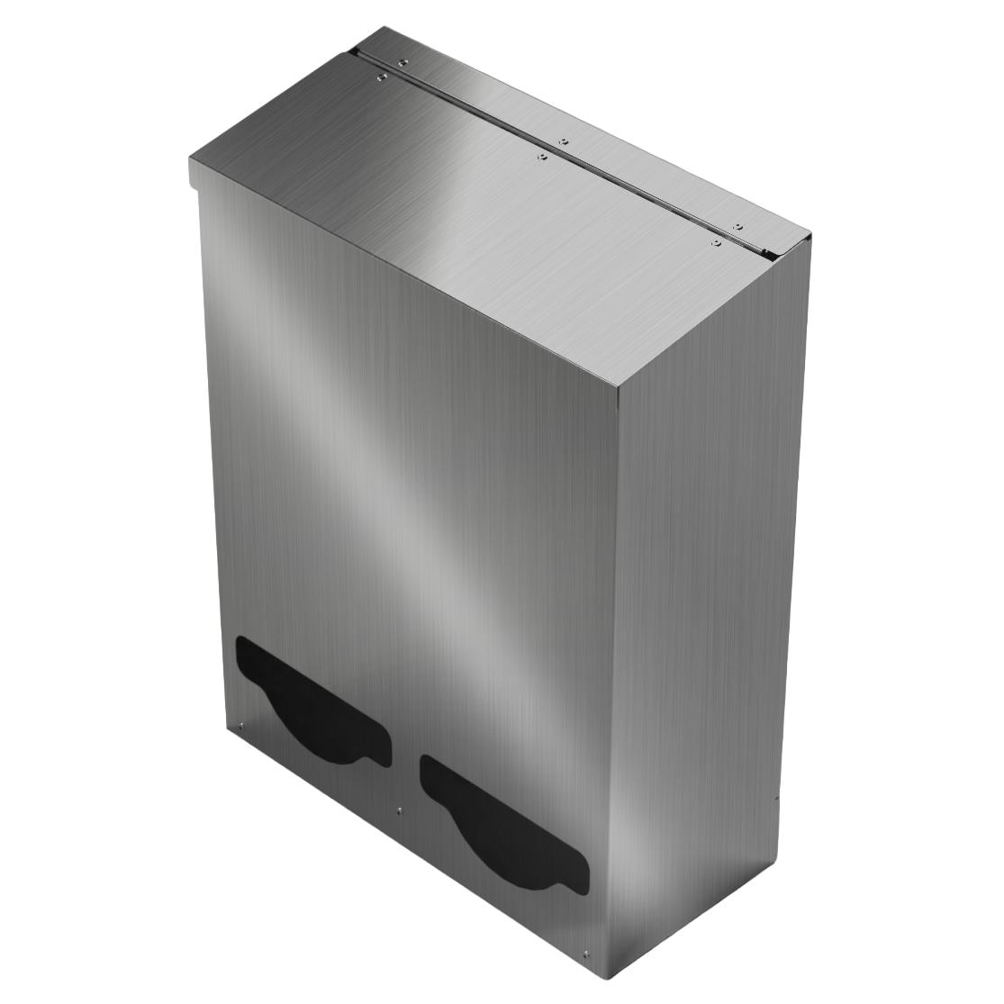 Bulk Dispenser, Tall Double, Stainless Steel, wall mount. 2 compartments, top loading, top or bottom front dispensing. Empty and front facing angled lightly left.
