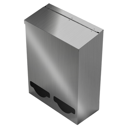 Bulk Dispenser, Tall Double, Stainless Steel, wall mount. 2 compartments, top loading, top or bottom front dispensing. Empty and front facing angled lightly left.