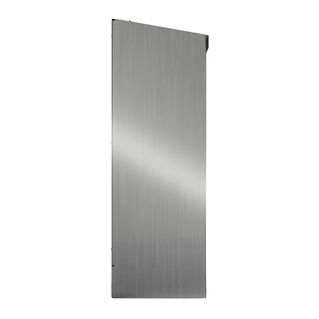 Bulk Dispenser, Tall Double, Stainless Steel, wall mount. 2 compartments, top loading, top or bottom front dispensing. Empty and left side