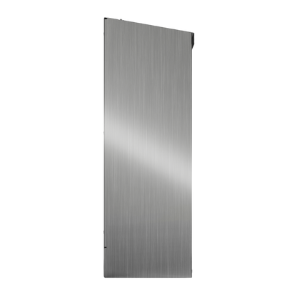 Bulk Dispenser, Tall Double, Stainless Steel, wall mount. 2 compartments, top loading, top or bottom front dispensing. Empty and left side