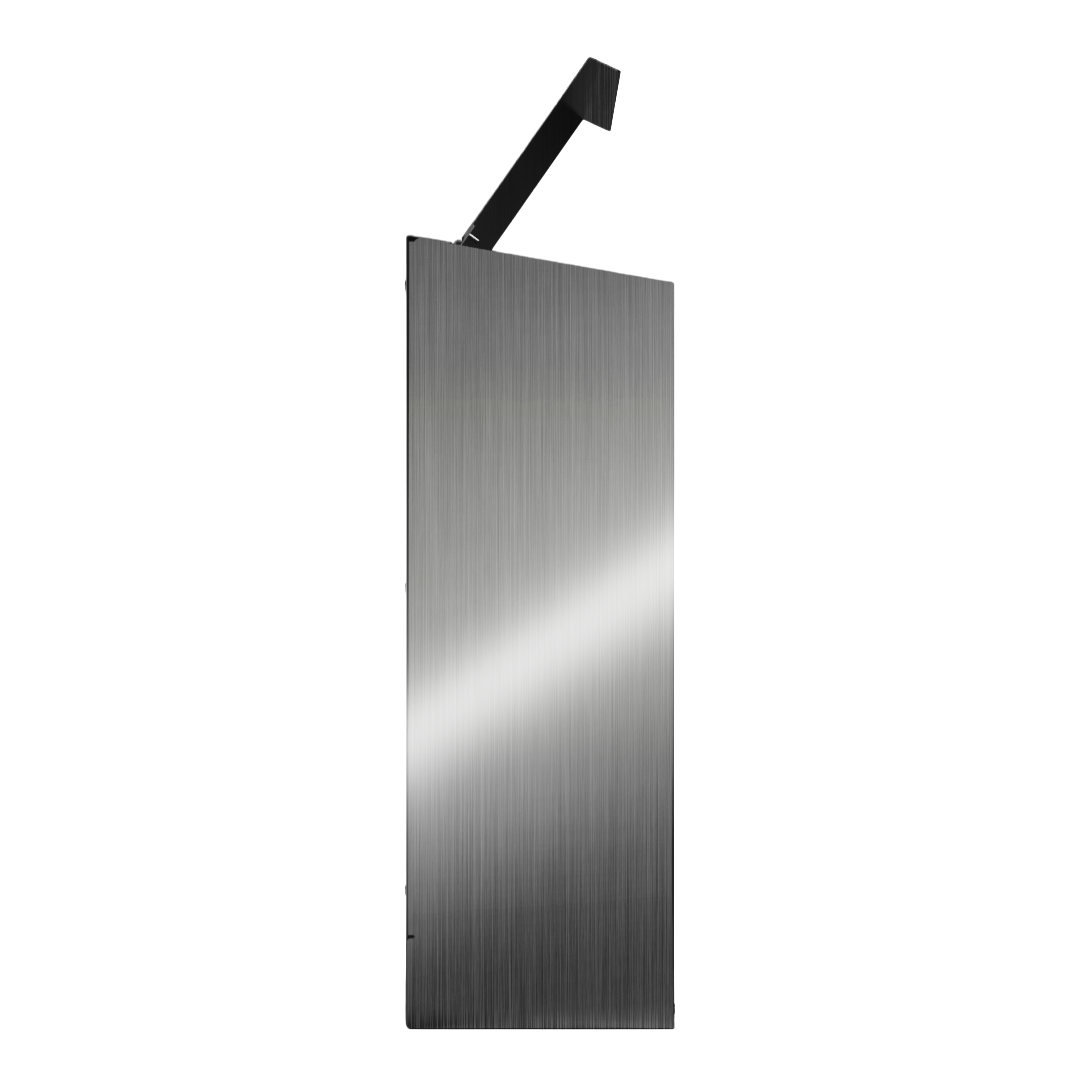 Bulk Dispenser, Tall Double, Stainless Steel, wall mount. 2 compartments, top loading, top or bottom front dispensing. Empty, right side with lid open